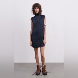 Zara ink/ midnight blue, crinkle satin,  sleeveless, high neck sheath dress.